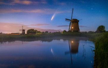 Windmill, Reflection, Water, Clouds Wallpaper