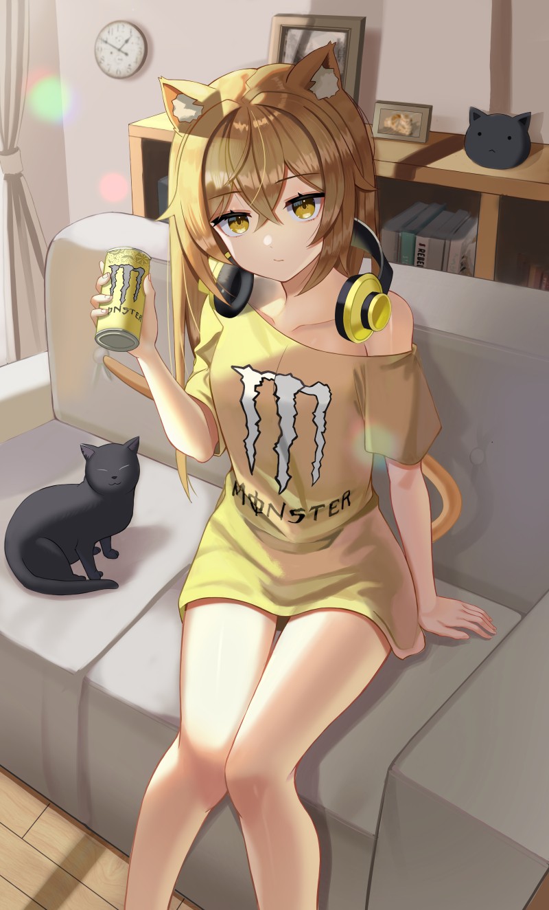 Anime Girls, Portrait Display, Monster Energy, Cat Girl, Headphones Wallpaper
