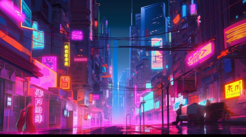 AI Art, City, Street, Cyberpunk, City Lights Wallpaper