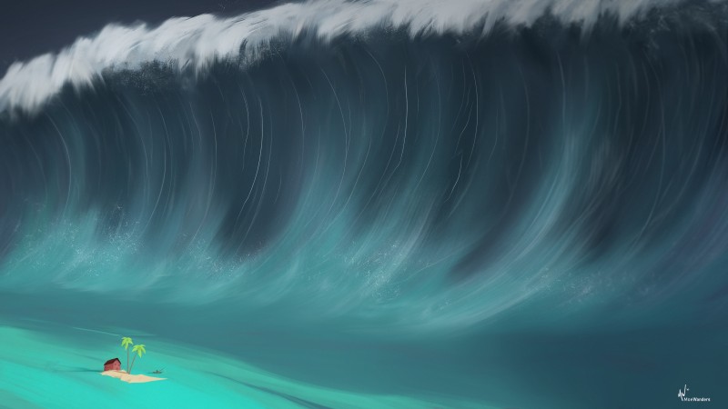 Digital Art, Tsunami, Waves, Palm Trees, Fisherman Wallpaper