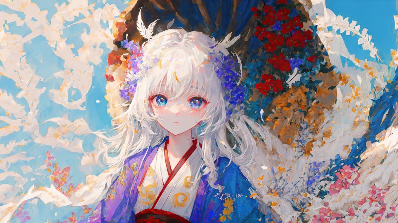 AI Art, Hanfu, White Hair, Anime Girls, Kimono Wallpaper