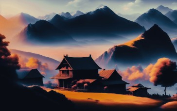 Mountains, Building, AI Art, Clouds Wallpaper