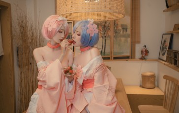 Two Women, Pink Hair, Blue Hair, Anime Girls Wallpaper