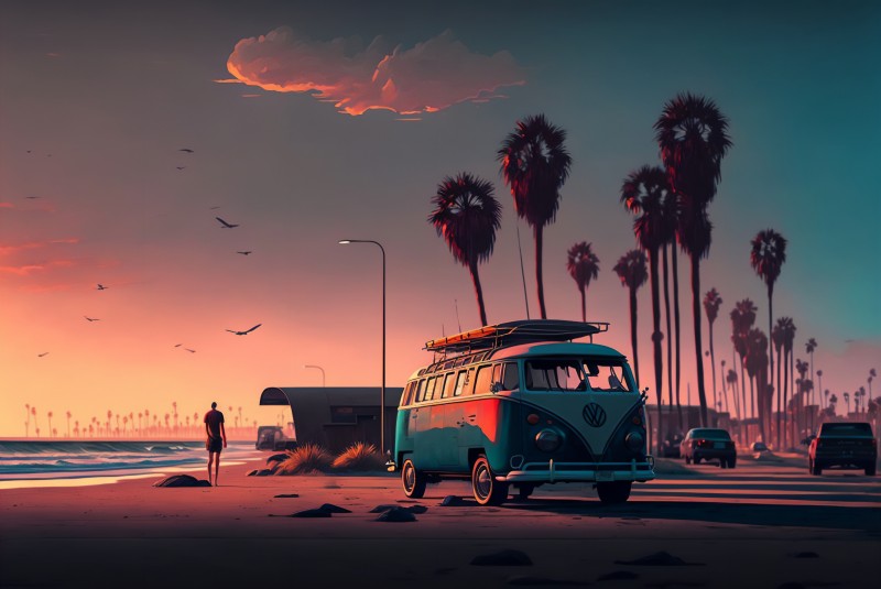 Surfing, Beach, Sunset, Palm Trees, Vehicle Wallpaper