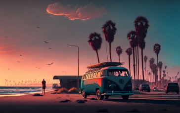 Surfing, Beach, Sunset, Palm Trees, Vehicle Wallpaper