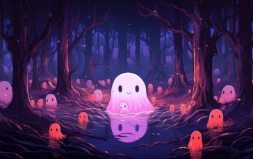 AI Art, Halloween, Spooky, Chibi, Forest Wallpaper
