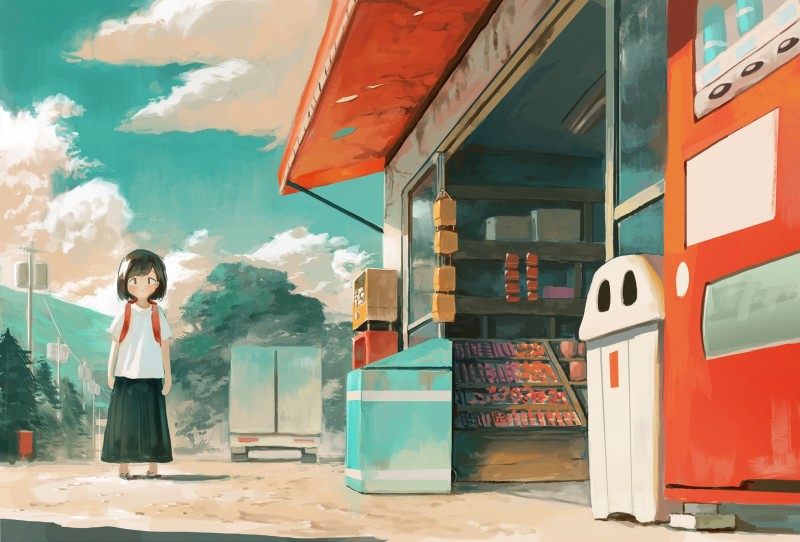 Anime, Anime Girls, Vending Machine, Schoolgirl, School Uniform, Clouds Wallpaper