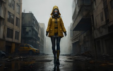 AI Art, Gas Masks, Women, Apocalyptic, Raincoat, Yellow Raincoat Wallpaper