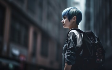 AI Art, Women, City, Blue Hair, Backpacks Wallpaper