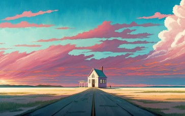 Clouds, House, Illustration, Road Wallpaper