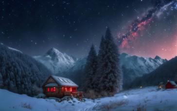 AI Art, Starred Sky, Mountains, Trees, Galaxy Wallpaper
