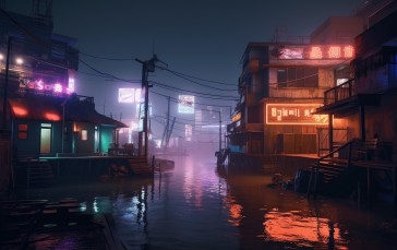 AI Art, City, Water, Slum, Cyberpunk, Night Wallpaper