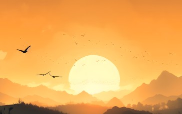 AI Art, Sunset, Landscape, Sunset Glow, Mountains Wallpaper