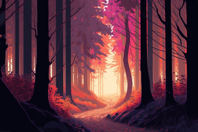 Illustration, Forest, Road, Landscape, AI Art Wallpaper