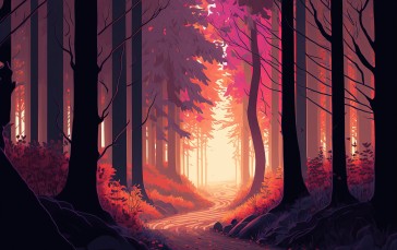 Illustration, Forest, Road, Landscape, AI Art Wallpaper