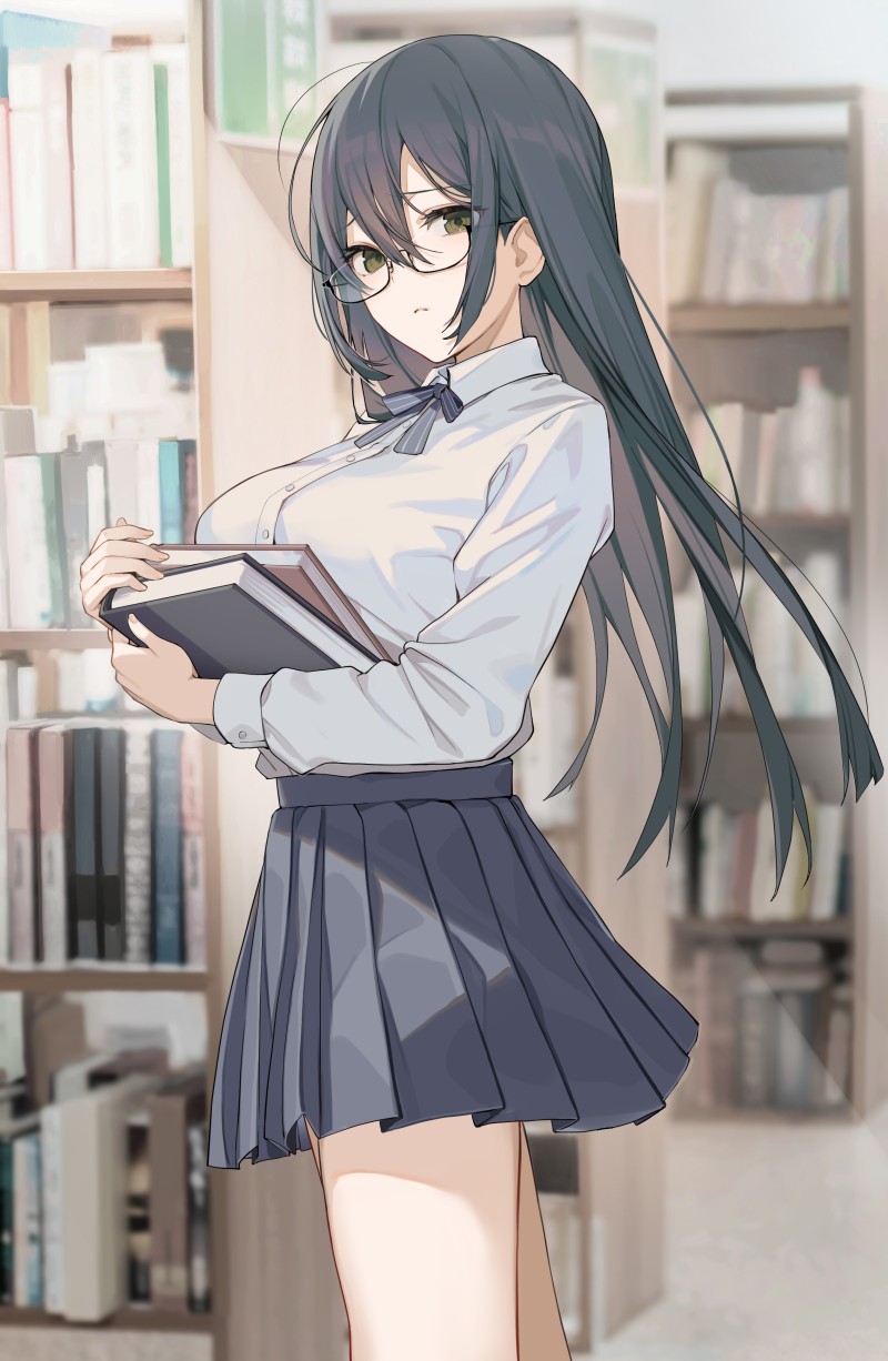 Anime Girls, Icomochi, Library, School Uniform, Portrait Display, Schoolgirl Wallpaper
