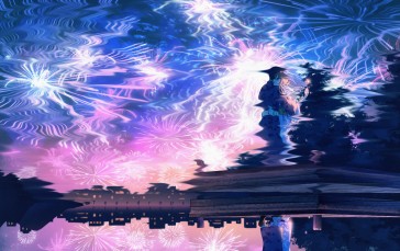 Anime, Anime Girls, Fireworks, Hugging, Hairbun, Standing Wallpaper
