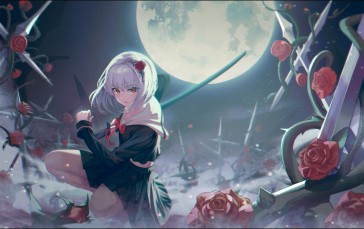 Xeonomi, 2D, Anime Girls, Flowers, Moon Wallpaper