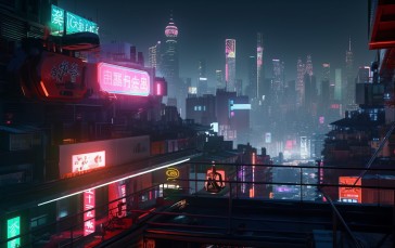 AI Art, Cyberpunk, City, Neon, Rooftops Wallpaper
