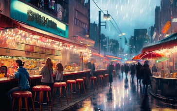 AI Art, Neon, Rain, Noodle Bar Wallpaper