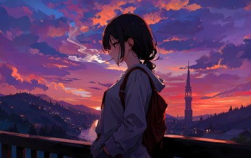 Illustration, AI Art, Anime Girls, Sunset Wallpaper
