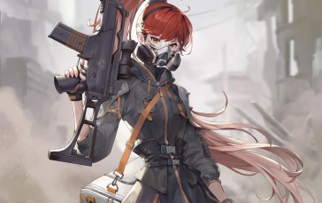 Original Characters, Anime Girls, Redhead, Long Hair, Gas Masks, Gun Wallpaper