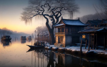 AI Art, Winter, Snow, Frost, Japan, Village Wallpaper