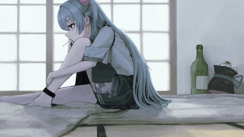 Anime Girls, Smoking, Blue Hair, Melancholic, Profile Wallpaper