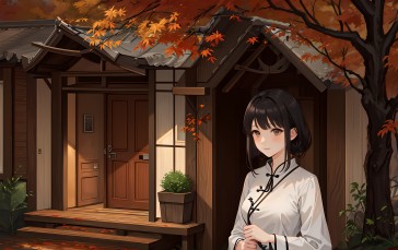 AI Art, Anime Girls, Hanfu, Maple Leaves, House Wallpaper