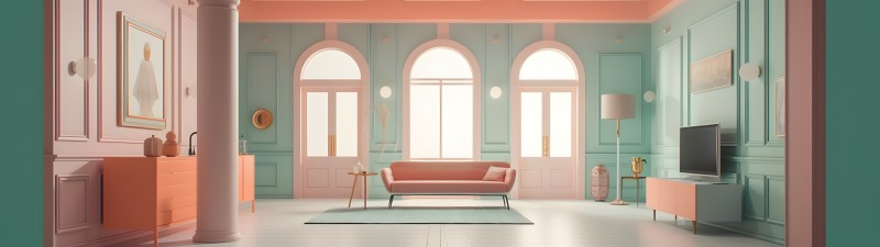 AI Art, Minimalism, Interior Design, Pastel, Wes Anderson Wallpaper