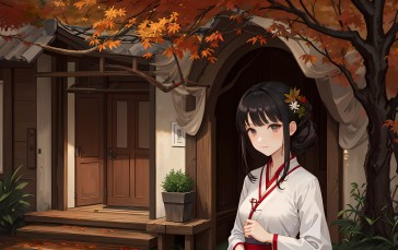AI Art, Anime Girls, Hanfu, Maple Leaves, House, White Wallpaper