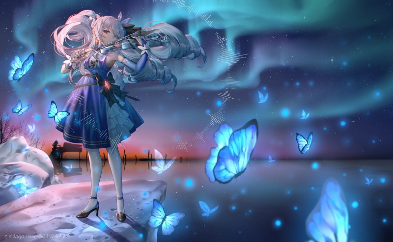 Anime, Anime Girls, Aurorae, Butterfly, Violin, Dress Wallpaper