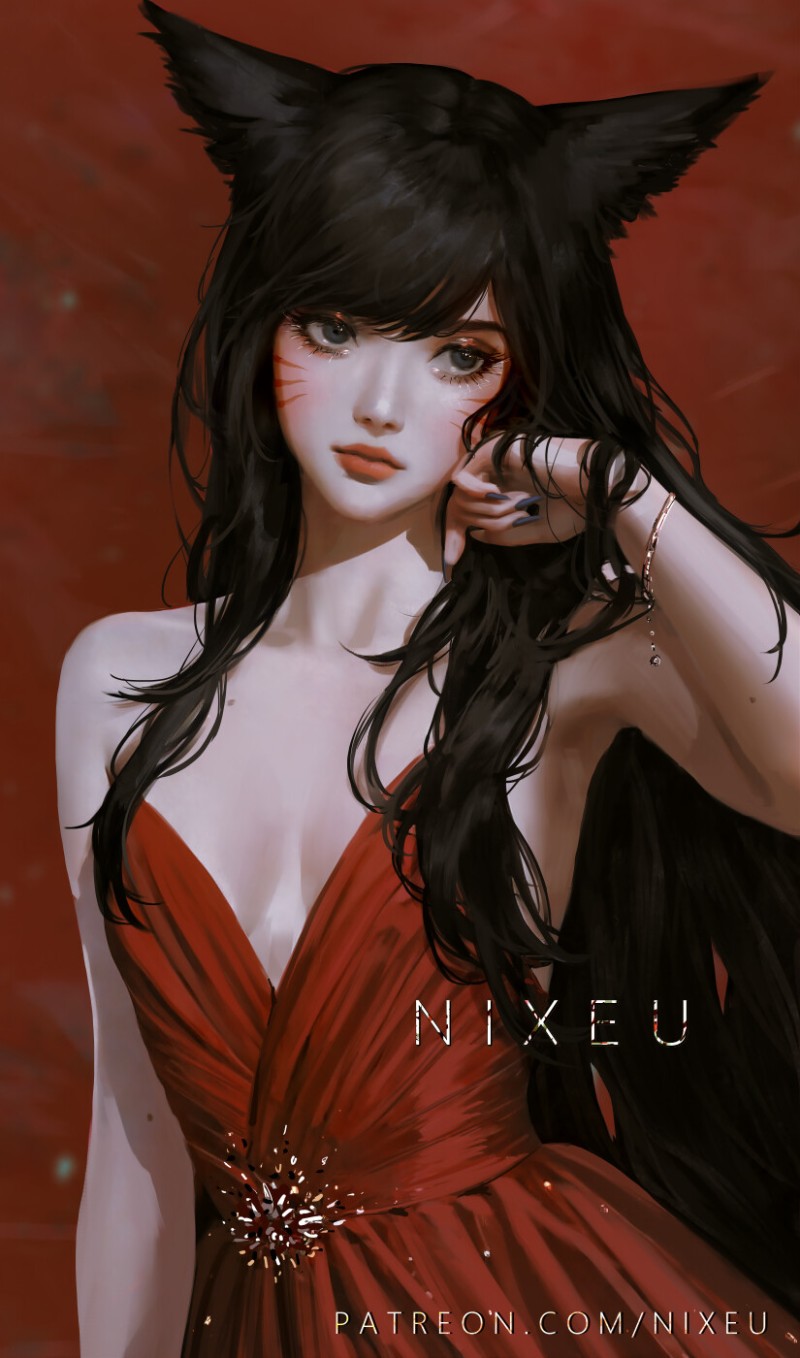 Women, Nixeu, Red Dress, Black Hair, Animal Ears, Dress Wallpaper