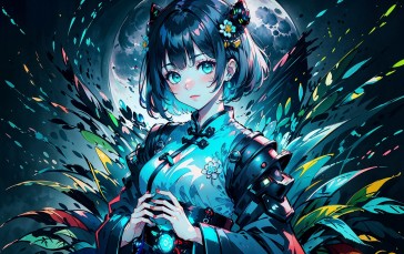 AI Art, Blue Dress, Blue Eyes, Moon Wallpaper
