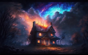 AI Art, Illustration, House, Clouds, Sky, Trees Wallpaper
