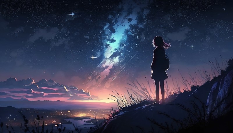 Anime Girls, Landscape, Shooting Stars, Nightscape, Night Sky Wallpaper