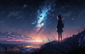 Anime Girls, Landscape, Shooting Stars, Nightscape, Night Sky Wallpaper