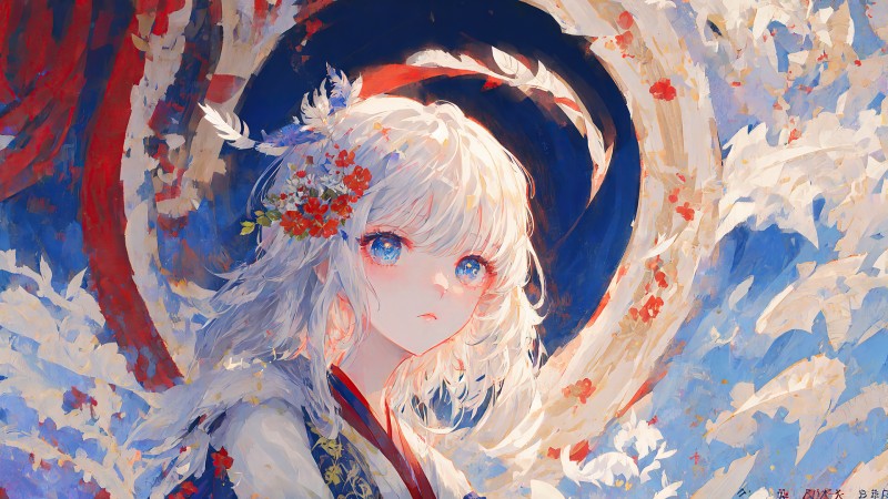 AI Art, Anime, Anime Girls, Flower in Hair, Blue Eyes, Looking at Viewer Wallpaper