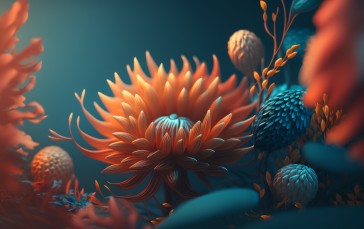 AI Art, Illustration, Flowers, Orange, Teal Wallpaper