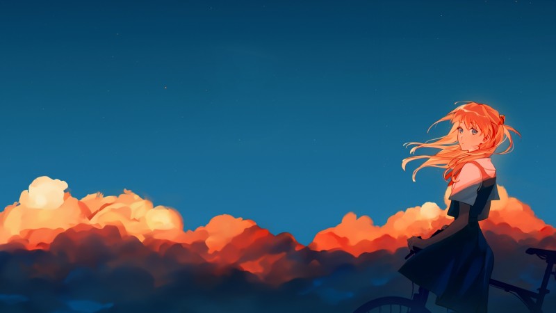 Asuka Langley Soryu, Neon Genesis Evangelion, Bicycle, Clouds Wallpaper