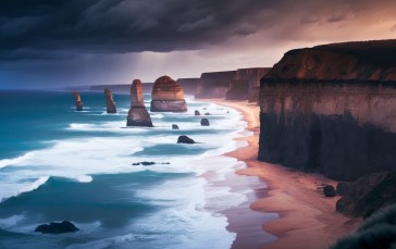 AI Art, Beach, Waves, Cliffside, Water Wallpaper