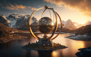 AI Art, Globes, Lake, Mountains Wallpaper