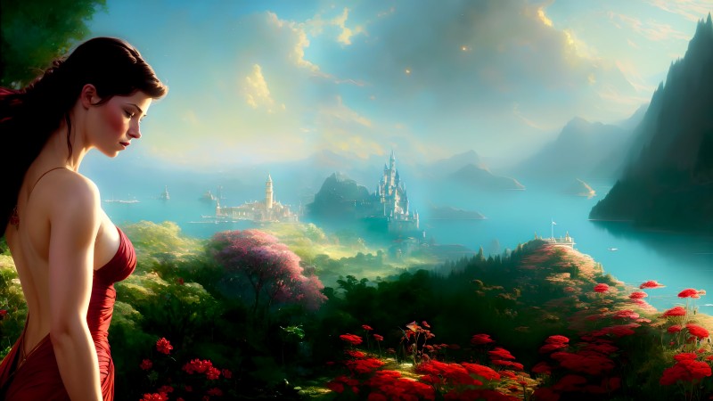 Garden, Landscape, Fantasy Castle, Fantasy Girl Wallpaper