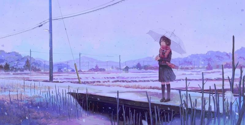 Anime, Anime Girls, Snow, Scarf, Umbrella Wallpaper