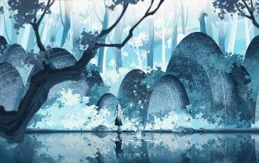 Anime, Anime Girls, Standing, Reflection, Trees, Forest Wallpaper