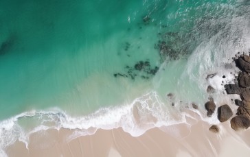 AI Art, Beach, Drone Photo, Cyan, Sea, Rocks Wallpaper