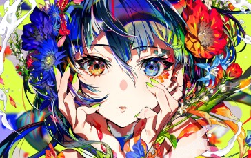 Anime Girls, Colorful, Flowers, Mika Pikazo, Heterochromia, Flower in Hair Wallpaper