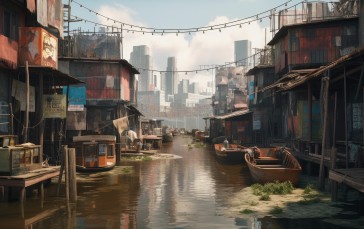 AI Art, City, Slum, Water Wallpaper