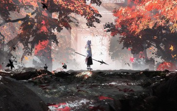 Landscape, Trees, Leaves, Anime Boys, Mask, Weapon Wallpaper