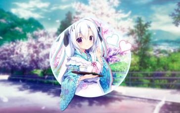 Anime Girls, White Hair, Visual Novel, Yukata, Picture-in-picture Wallpaper